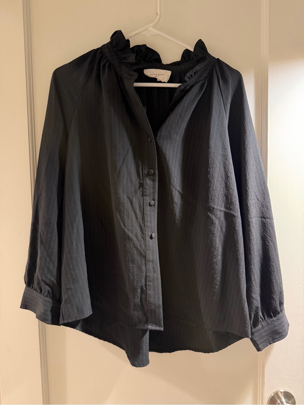 Pomander Place Black Ruffle Collar Button-Down Shirt